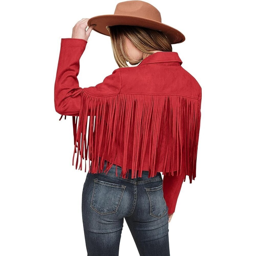🆕Women's Red Fringe Faux Suede Leather Tassel Motorcycle Cropped Jackets